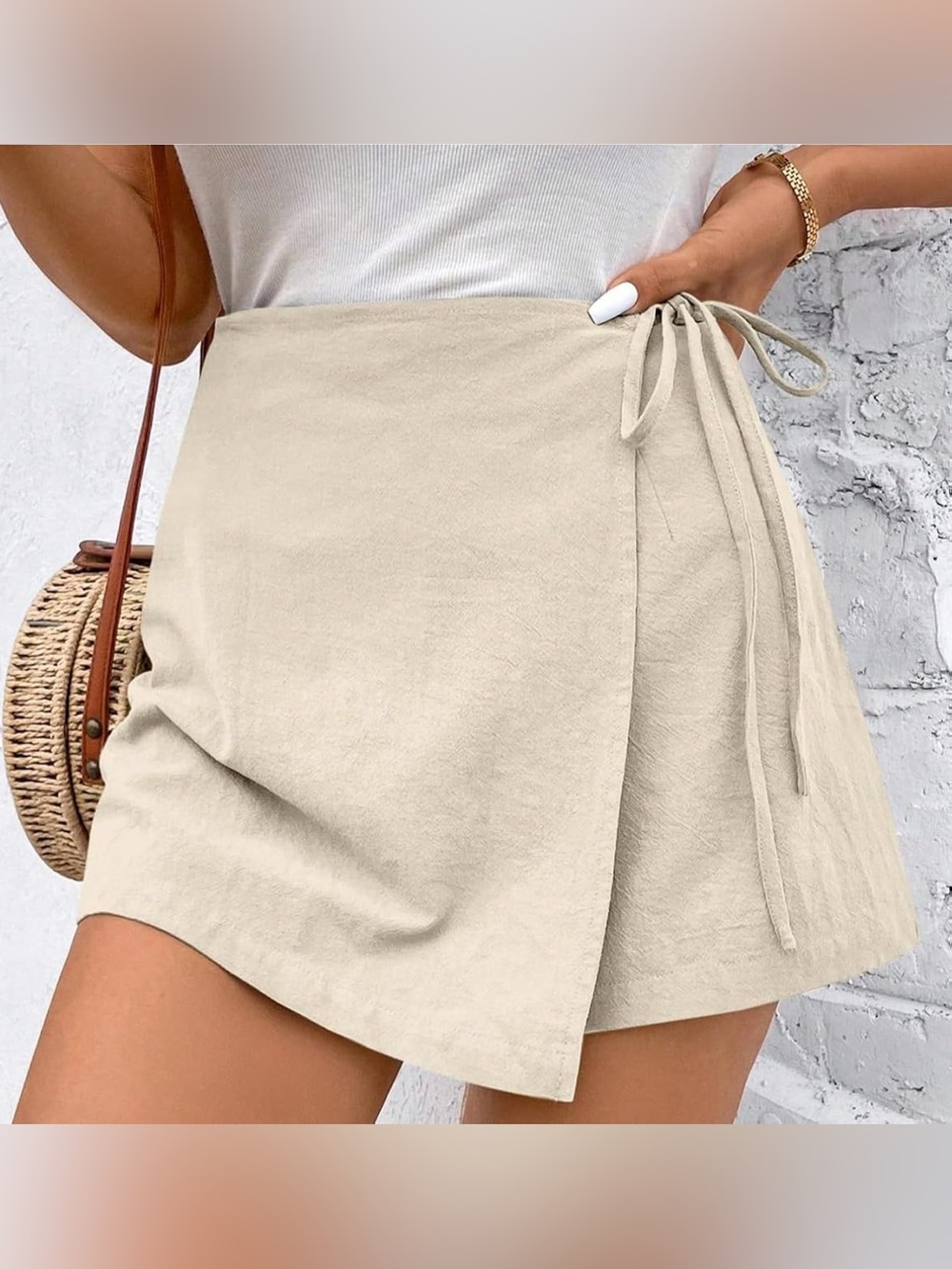 ZARA-Linen Blend Wrap Mini Skort with Side Tie